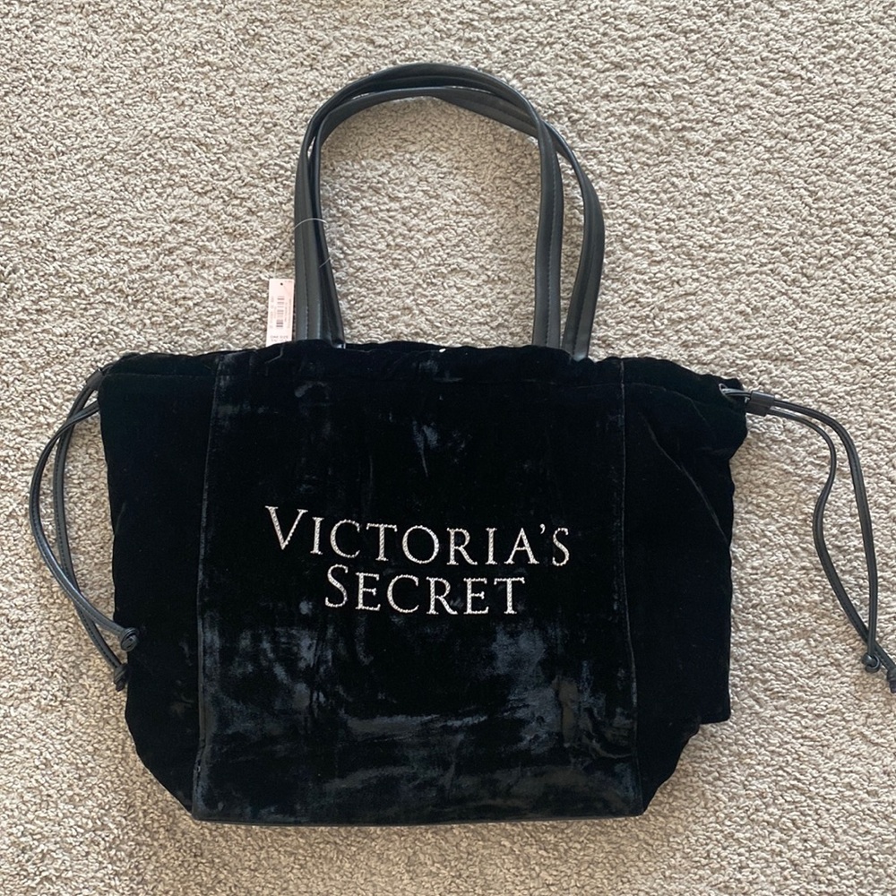 **Victoria's Secret** Luxe Velvet Black Bling Logo Tote Weekender Bag.
